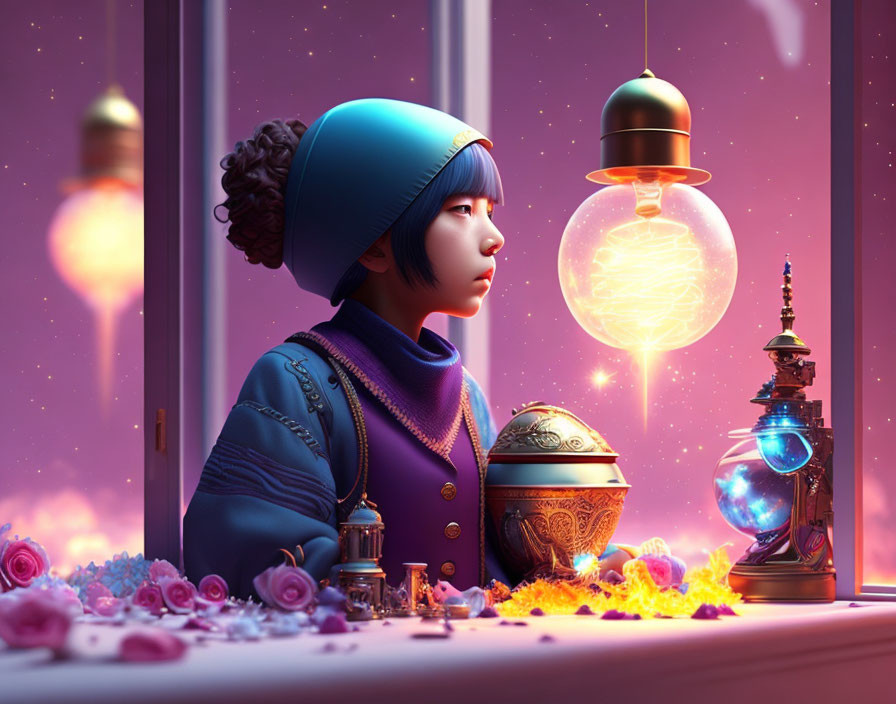 Child admires purple twilight sky with glowing orbs, lanterns, and scattered petals.