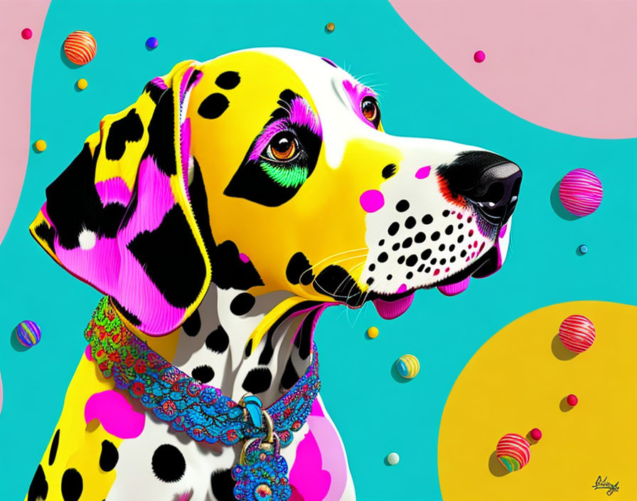 Vivid Dalmatian illustration with pink and green accents on turquoise backdrop