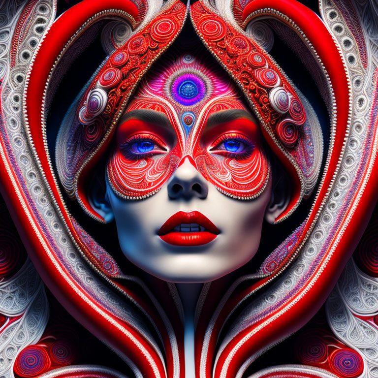 Intricate red and white patterns on surreal woman's portrait