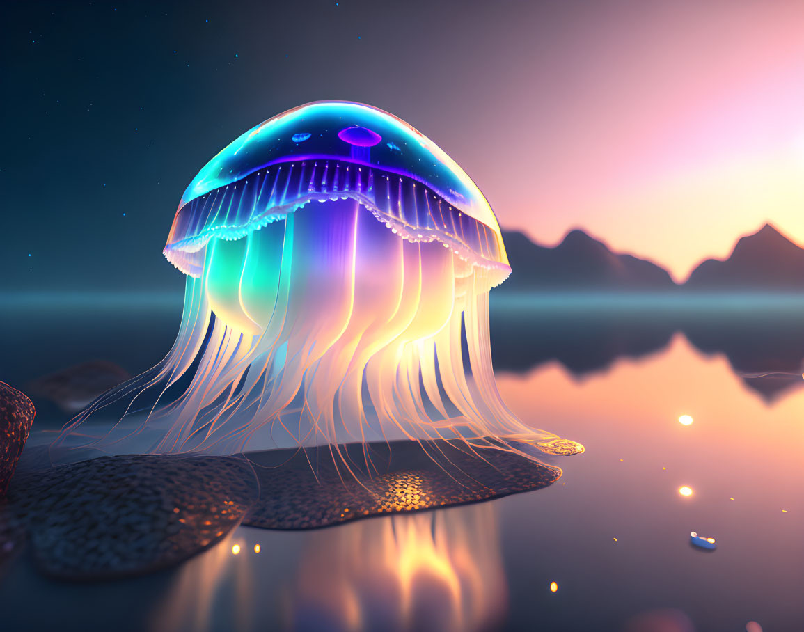 Luminous jellyfish glows over calm waters at dusk