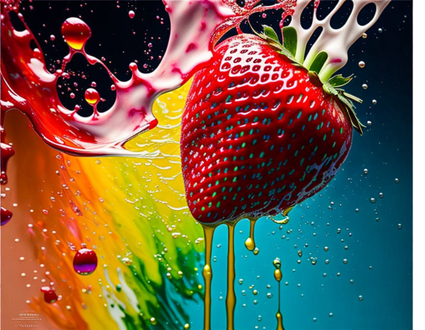 Colorful Strawberry in Splashing Liquids on Dark Background