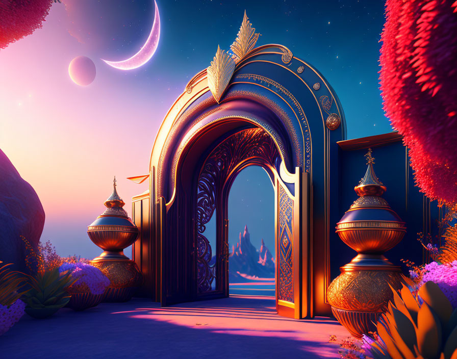 Fantastical archway in vibrant twilight landscape with crescent moons, vases, and red foliage