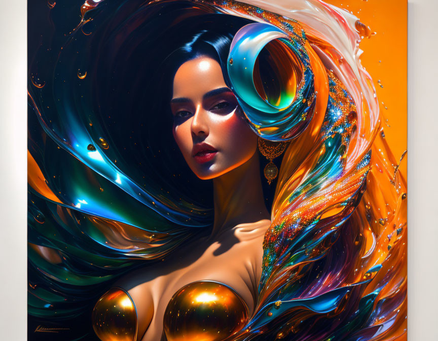 Colorful Abstract Artwork: Woman Amid Swirling Blue and Orange Shapes