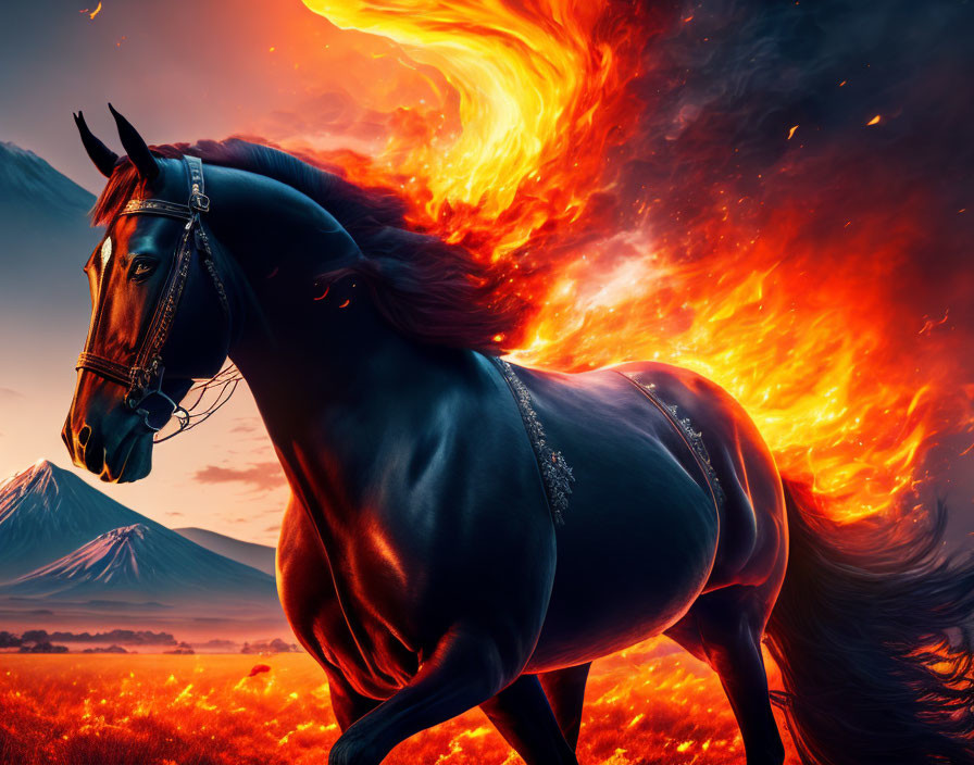 Majestic black horse with fiery mane against red sky & smoking volcano