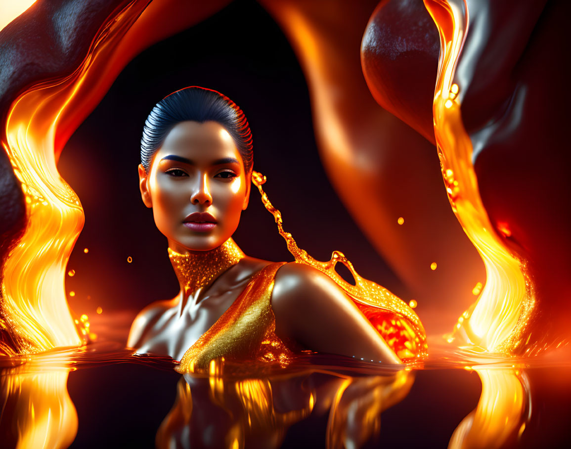 Woman with sleek hair emerges from liquid gold pool, exuding elegance.