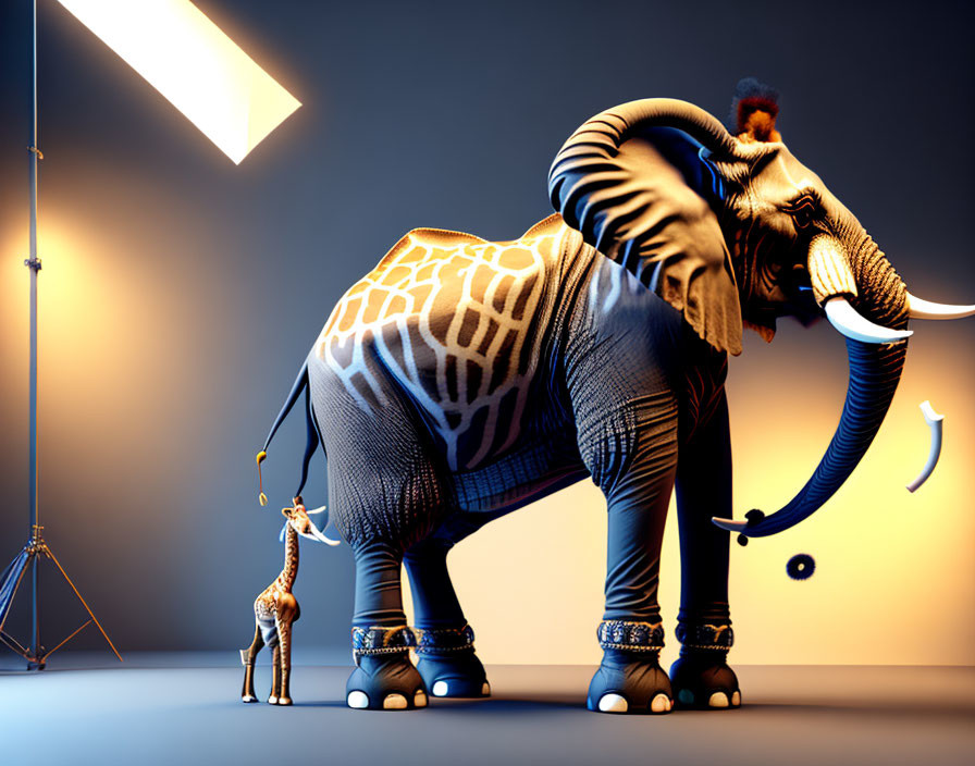 Surreal painting of elephant and giraffe under studio lights