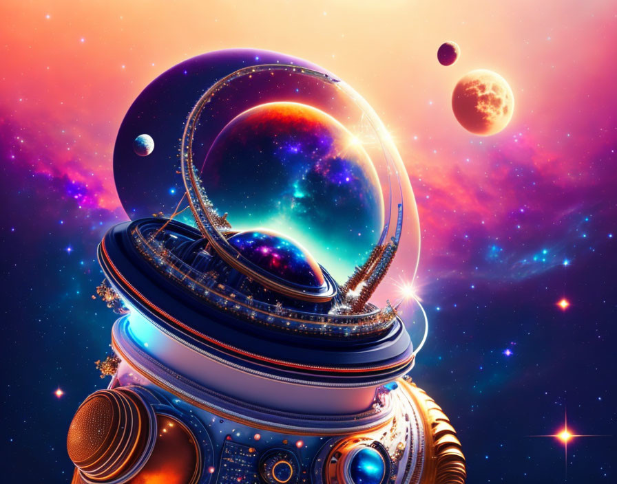 Colorful surreal digital artwork of an astronaut helmet reflecting cosmic scene