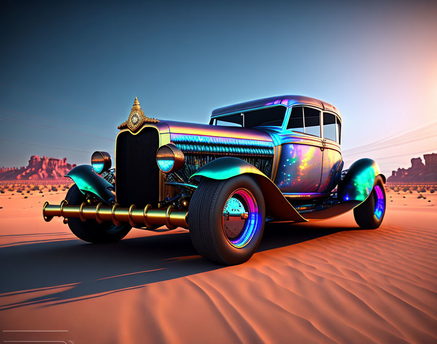 Vintage Car with Elaborate Exhaust Pipes in Desert Sunset