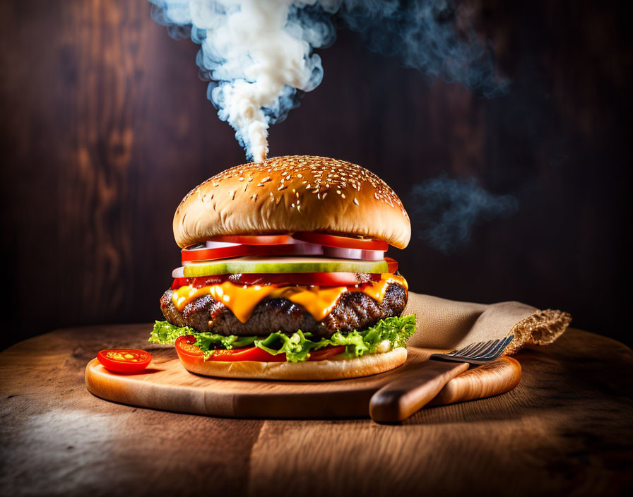 Succulent Cheeseburger with Lettuce, Tomato, Onions on Wooden Board