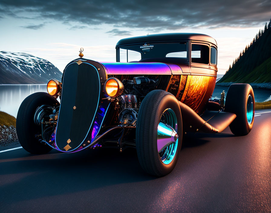 Custom Vintage Car with Blue and Orange Paint, Chrome Details, and LED Accents on Coastal Road at