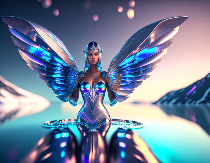 Futuristic female figure with metallic blue wings in mountain twilight landscape