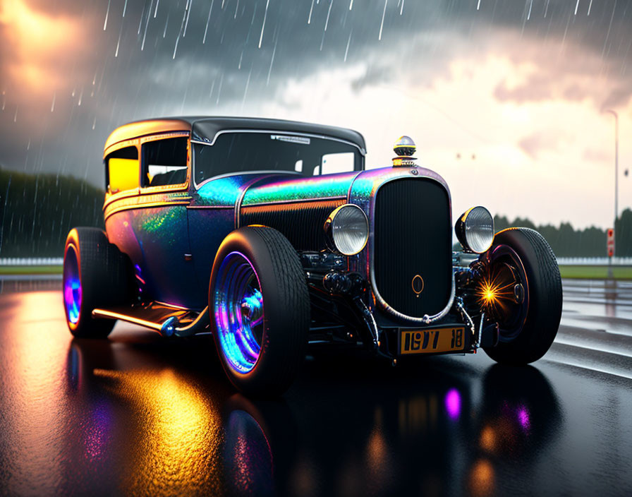 Vintage car with glossy iridescent paint on wet night road