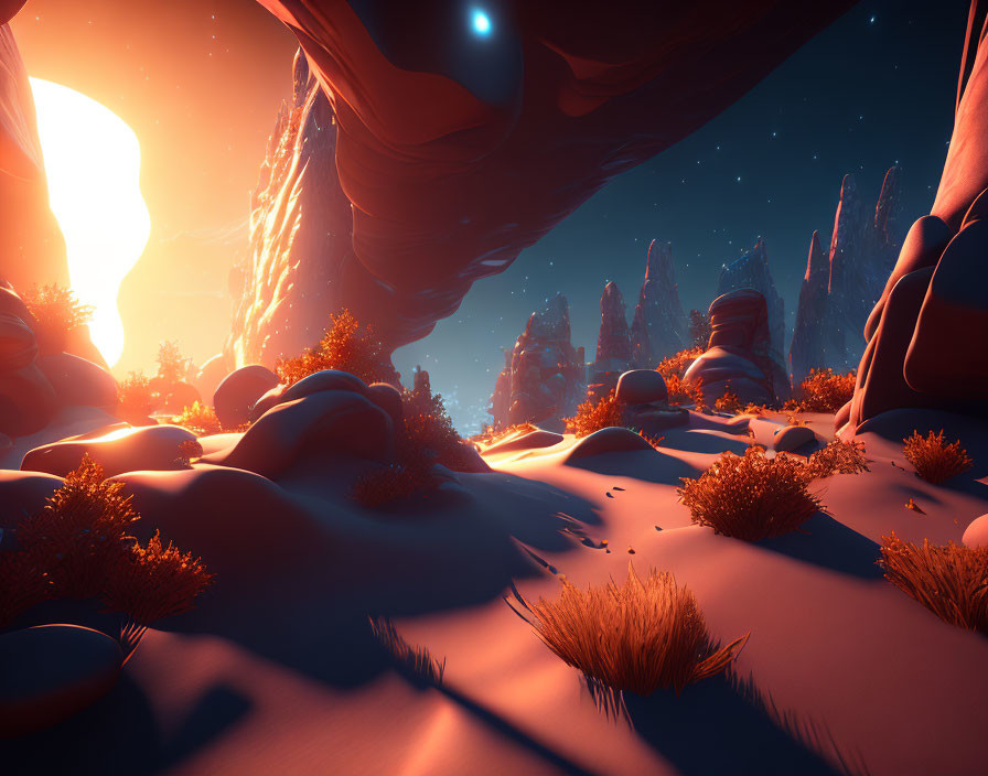 Red rock formations, golden plants, and a glowing sun in an alien landscape