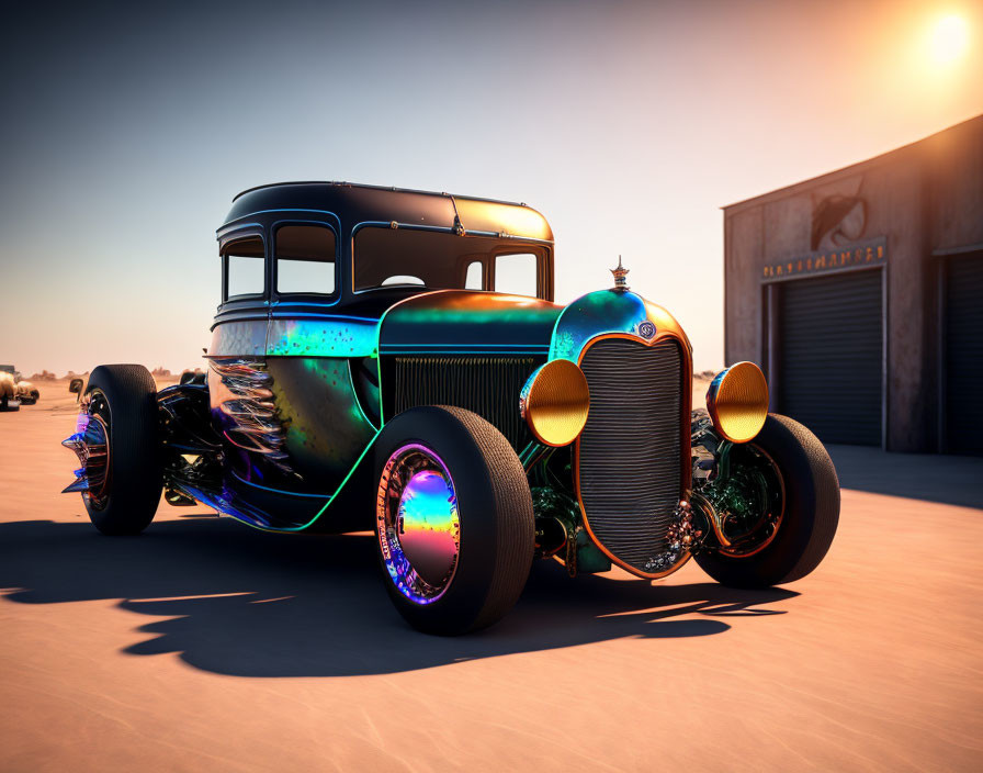 Vintage Hot Rod with Black & Blue Paint Job and Neon Underglow Parked by Garage at Sunset