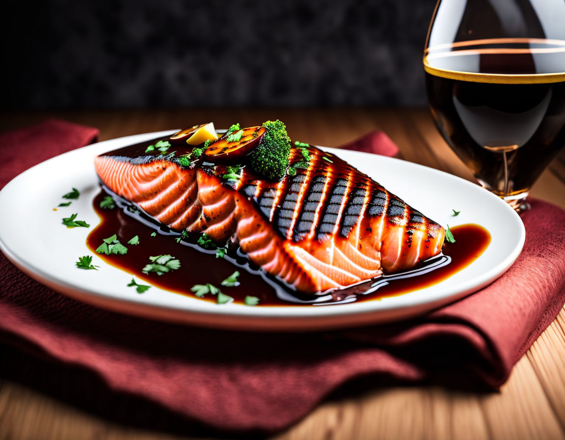 Freshly grilled salmon fillet with herbs and balsamic glaze on white plate, paired with