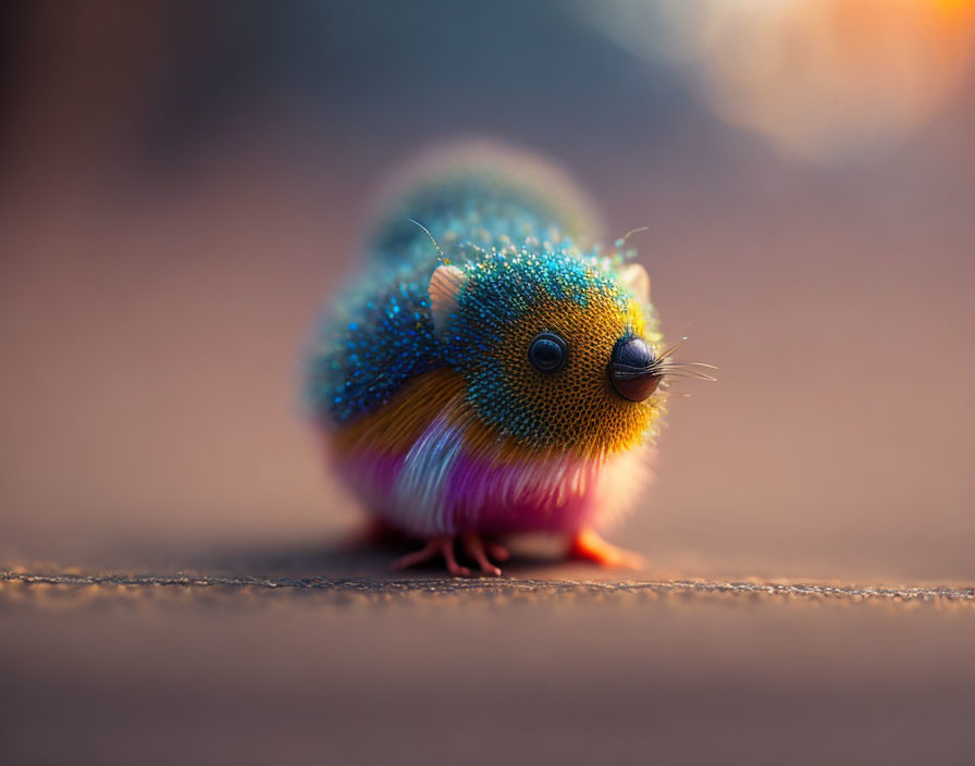 Vibrant Blue, Orange, and Yellow Miniature Hedgehog Creature on Soft-Focused Background