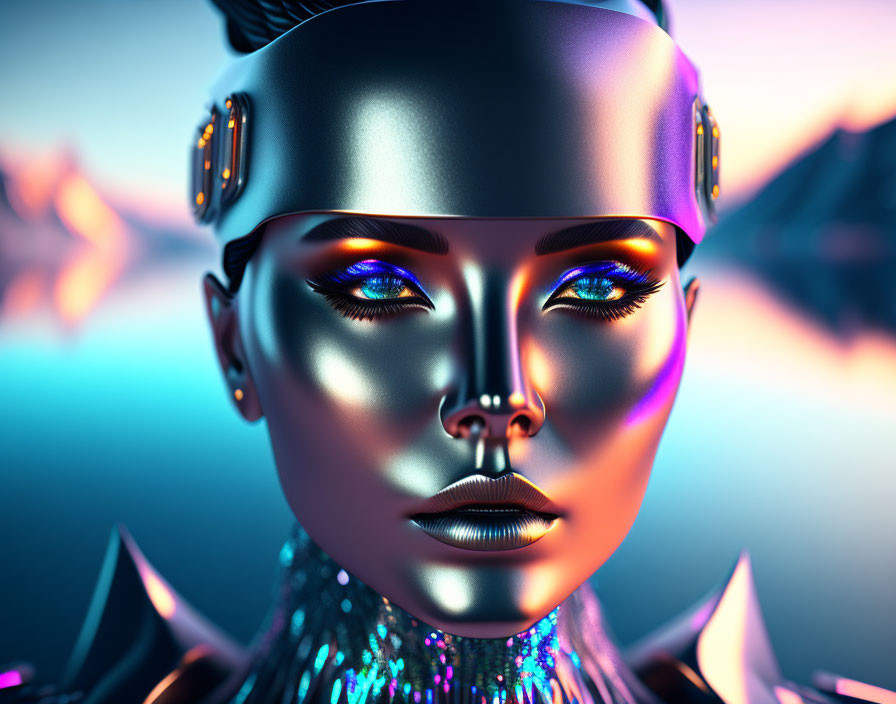 Futuristic female android with glowing blue eyes and metallic skin