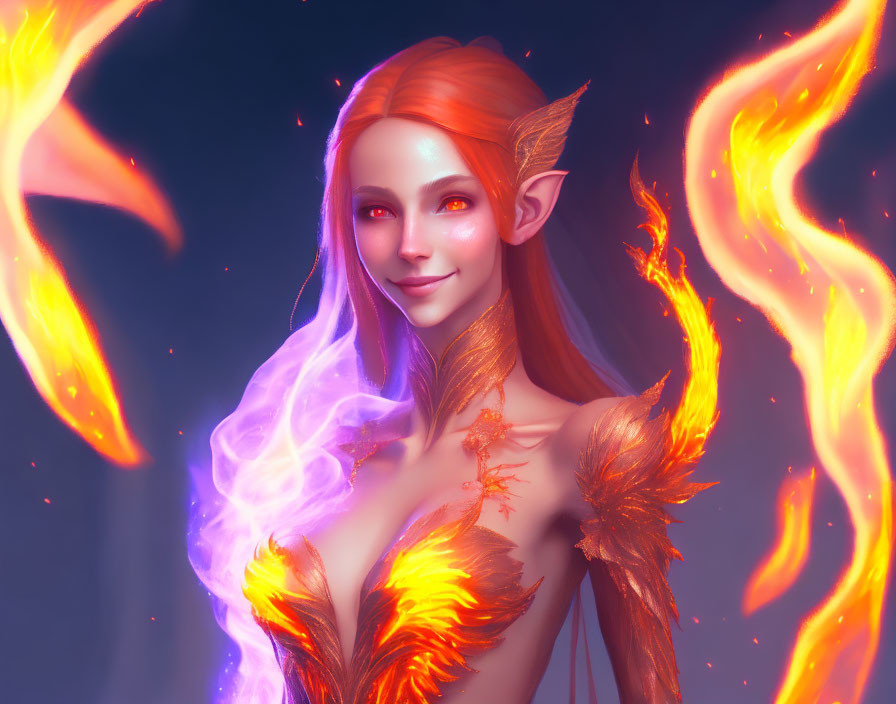 Red-haired fantasy elf in fiery setting with purple aura and leafy outfit