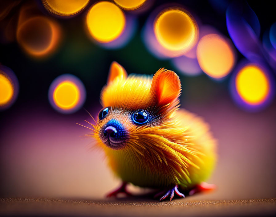 Orange Furry Creature with Large Eyes in Glowing Lights