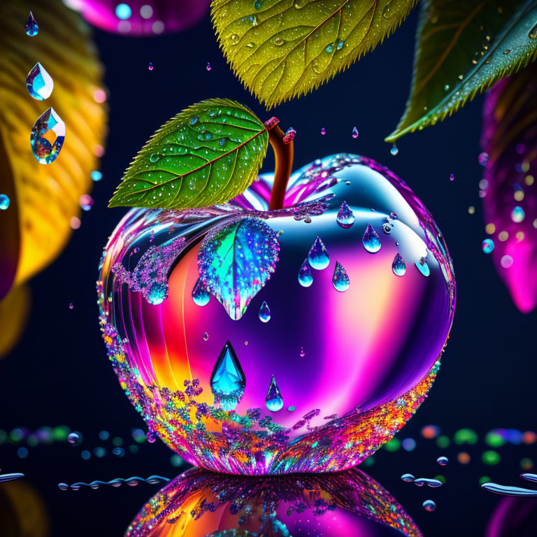 Shiny apple with water droplets on reflective surface amid colorful orbs