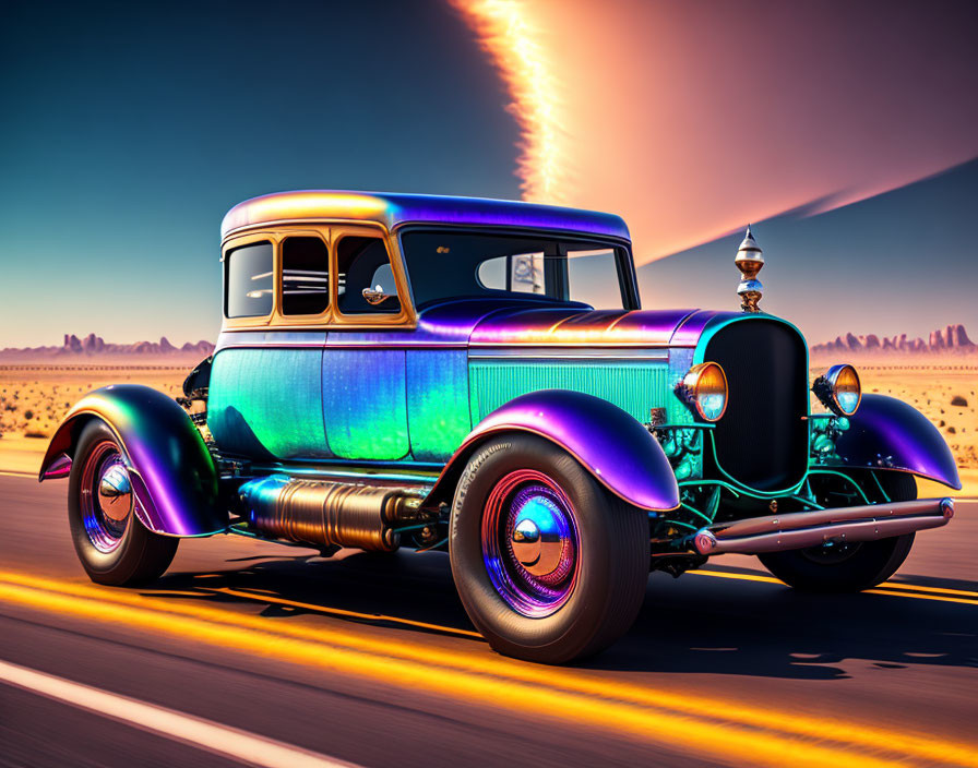 Classic Car with Iridescent Paint Racing in Desert Sunset