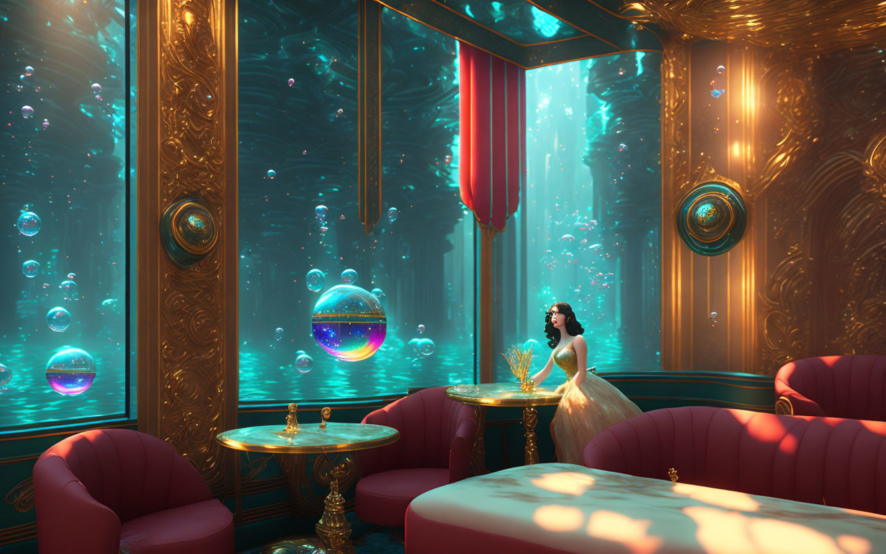 Woman in Yellow Gown Observing Underwater Room Fish