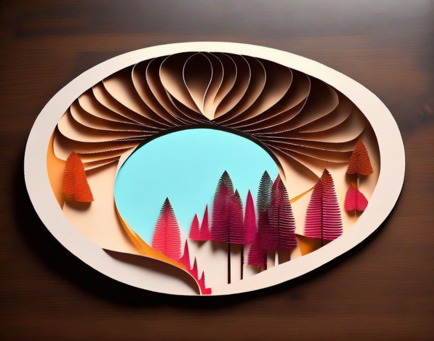 Colorful 3D paper art landscape in oval frame on wood surface