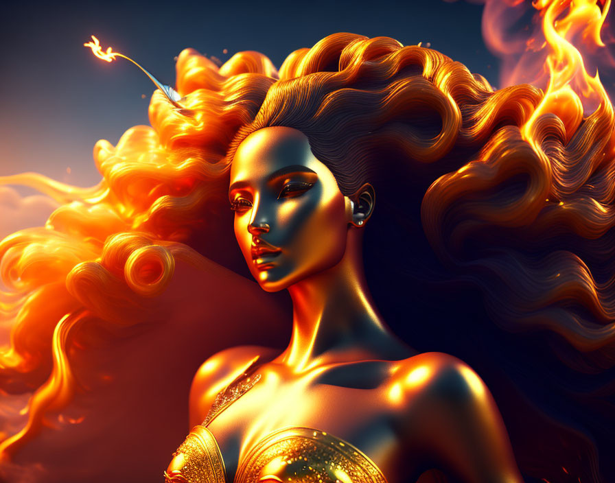 Golden-skinned woman with fiery hair in mystical setting