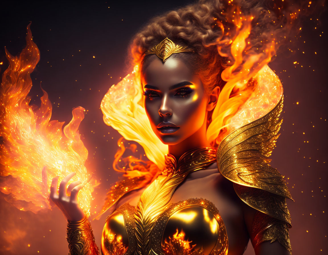 Fiery-haired woman in golden armor with flames - mythical presence