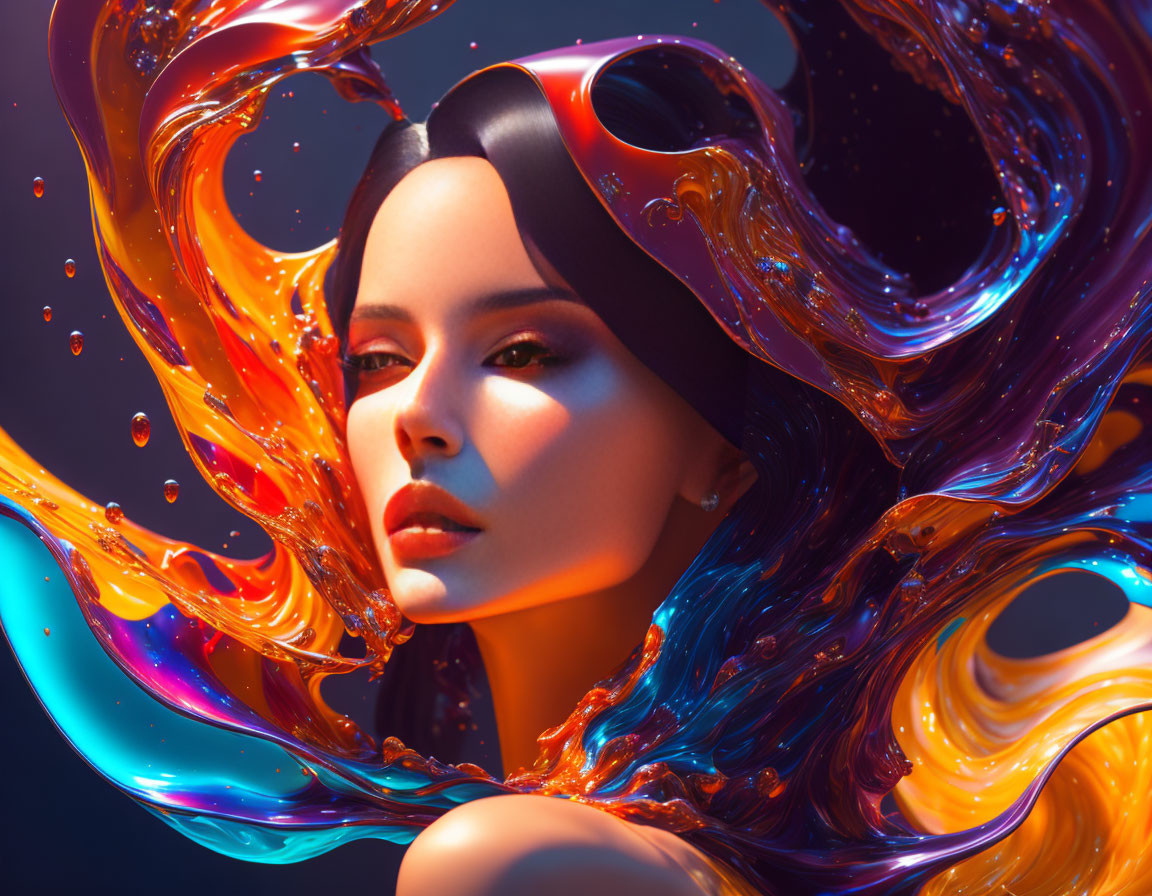 Sleek-haired woman in swirling liquid heart on dark backdrop