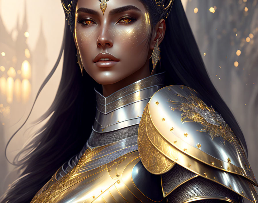 Female warrior digital painting with golden armor and elven features