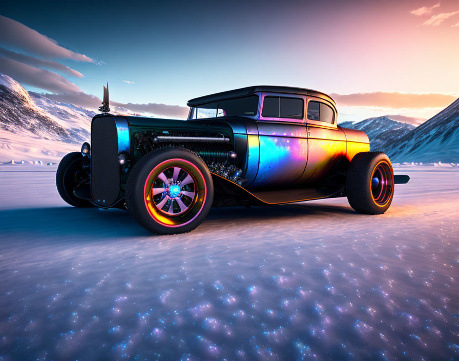 Vintage Custom Car on Icy Surface Amid Snowy Mountains at Twilight