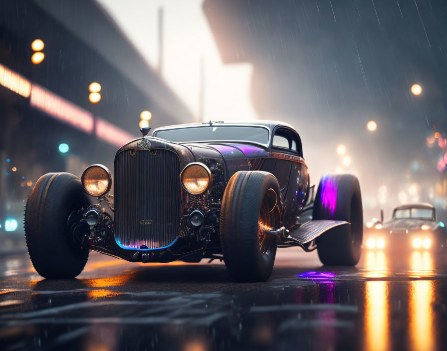 Classic car in rain-soaked city street at night with blurred lights