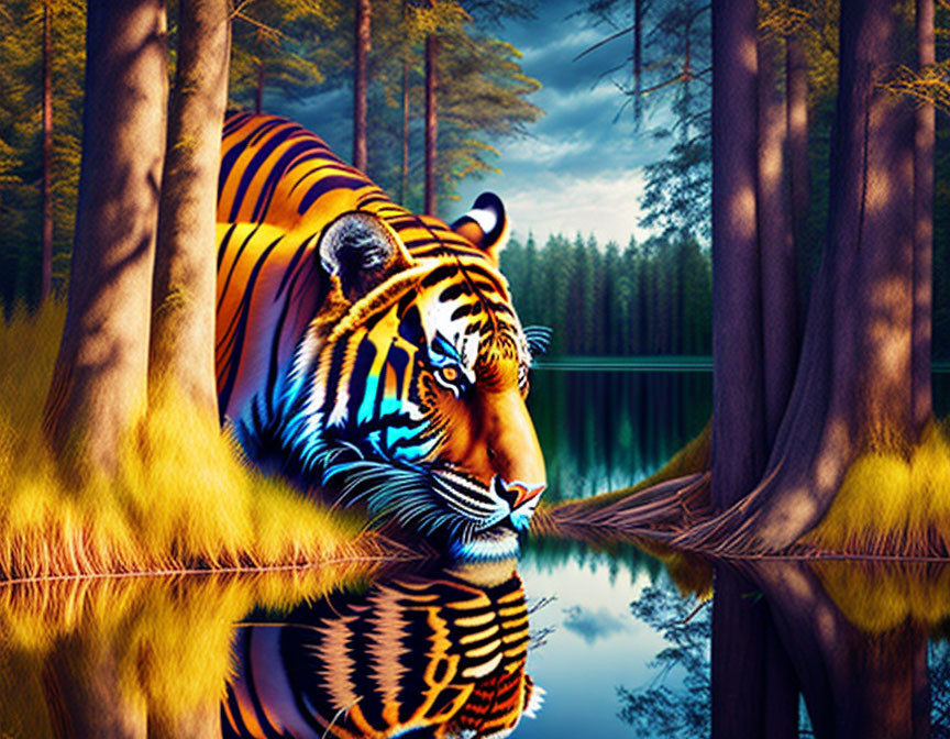 Tiger resting by forest lake under serene sky