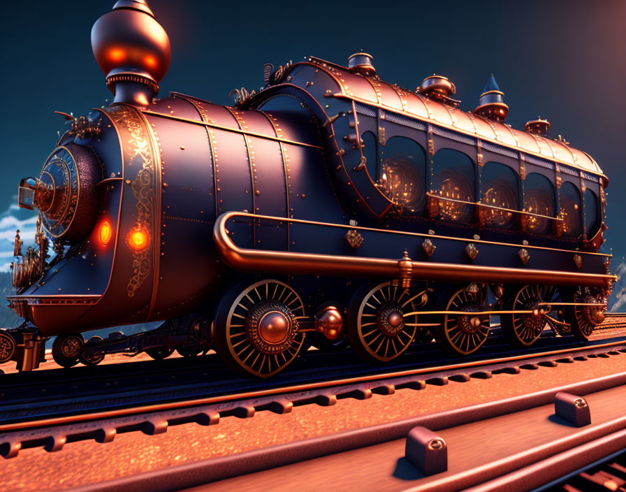 Fantastical ornate train with intricate designs on glowing tracks in dusky sky