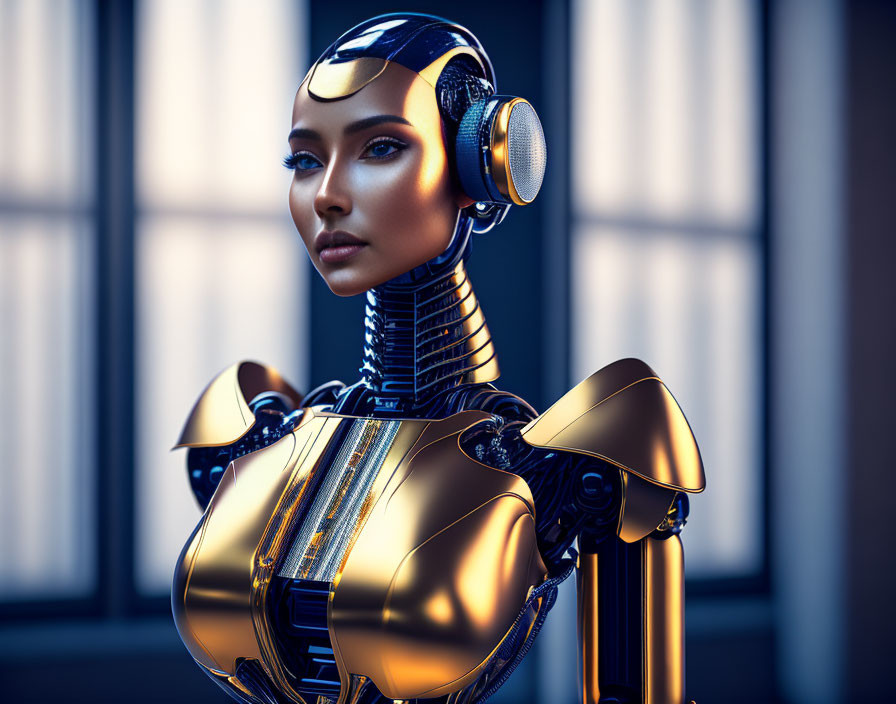 Futuristic female robot with intricate gold and black metallic body and advanced headgear.