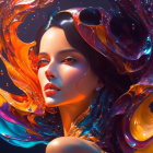 Sleek-haired woman in swirling liquid heart on dark backdrop