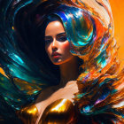 Colorful Abstract Artwork: Woman Amid Swirling Blue and Orange Shapes