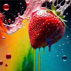 Colorful Strawberry in Splashing Liquids on Dark Background