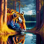 Tiger resting by forest lake under serene sky