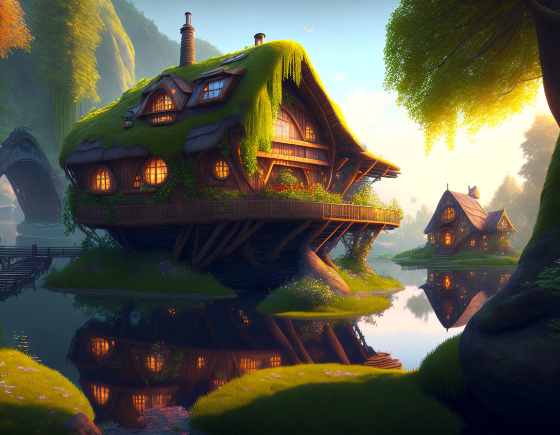 Moss-covered cottage by serene lake at sunrise