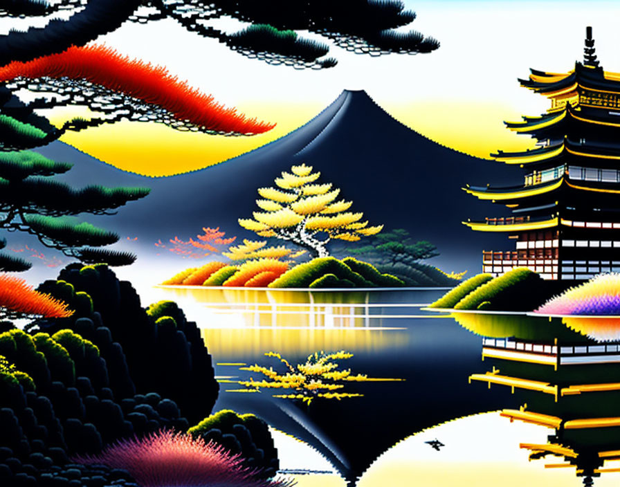 Digital artwork: Serene Japanese landscape with Mt. Fuji, pagoda, and twilight sky