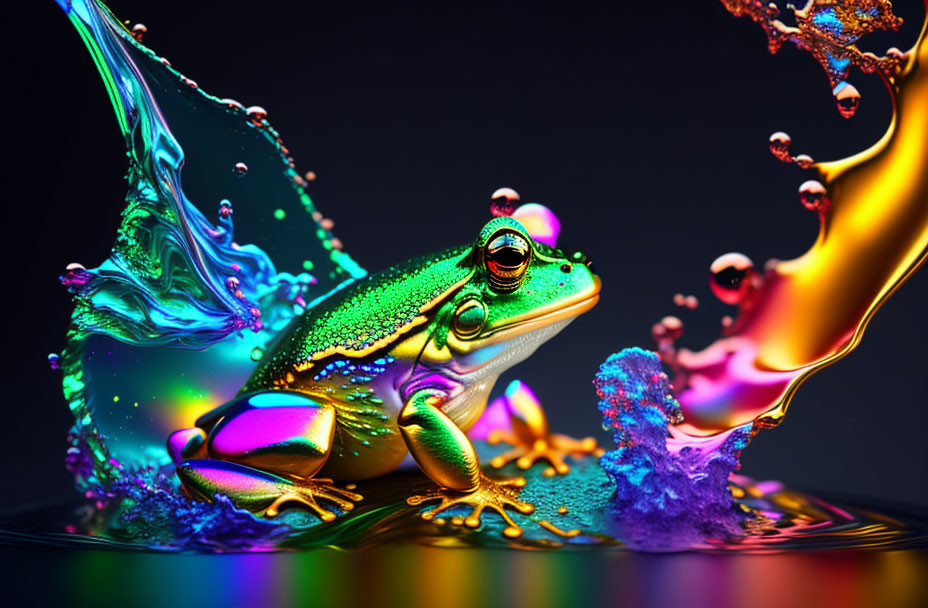 Colorful Frog Surrounded by Water Splashes in Blue, Orange, and Purple