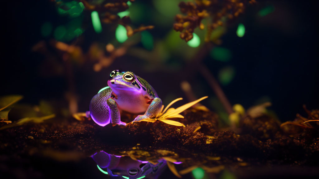 Iridescent Purple Frog on Leaf in Moody Background