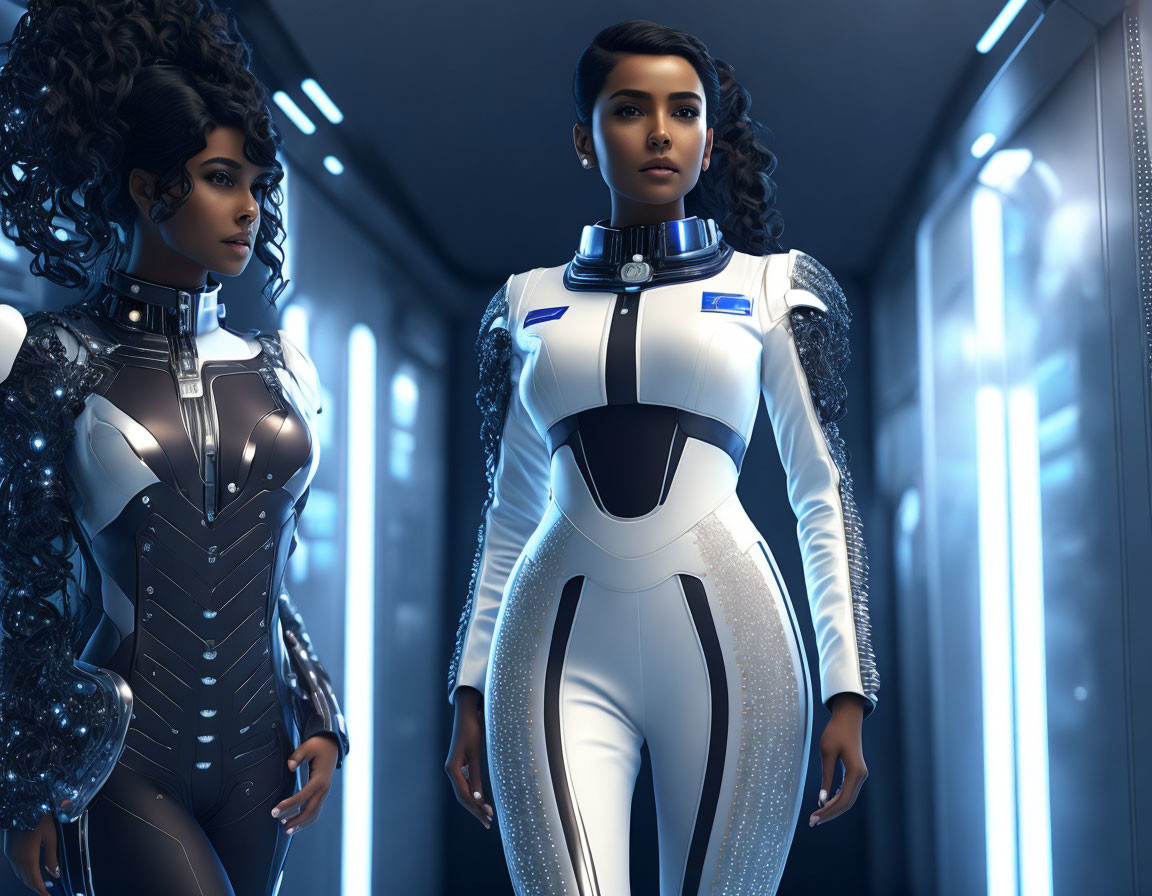 Futuristic women in blue-lit corridor exude confidence