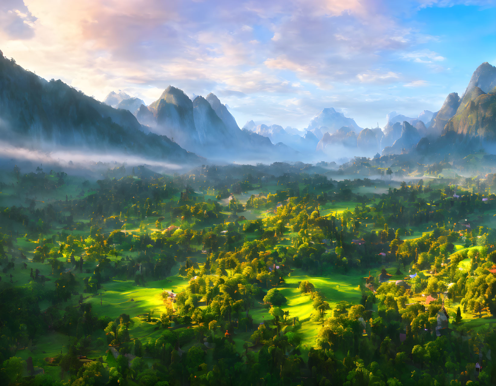 Sunlit green fields, fog patches, and majestic mountains under a blue sky