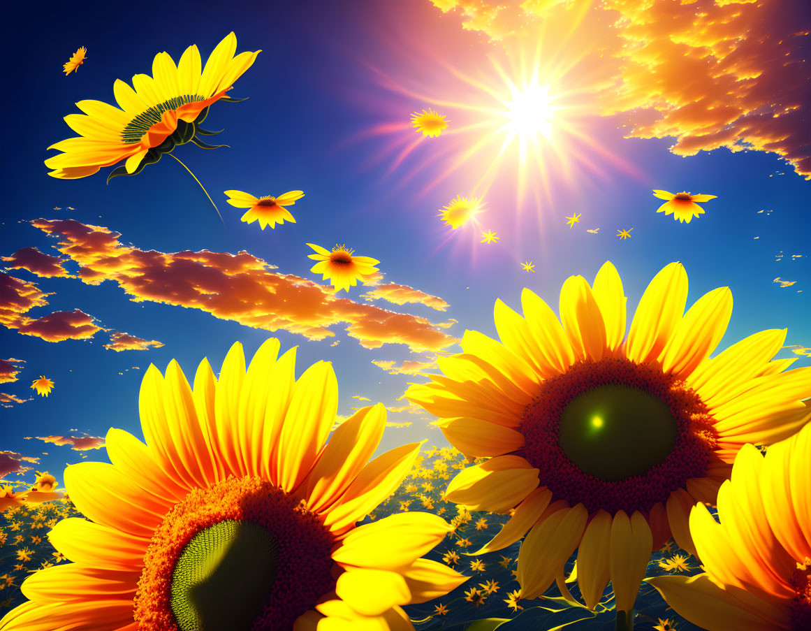 Vibrant sunflowers under bright sun in clear blue sky