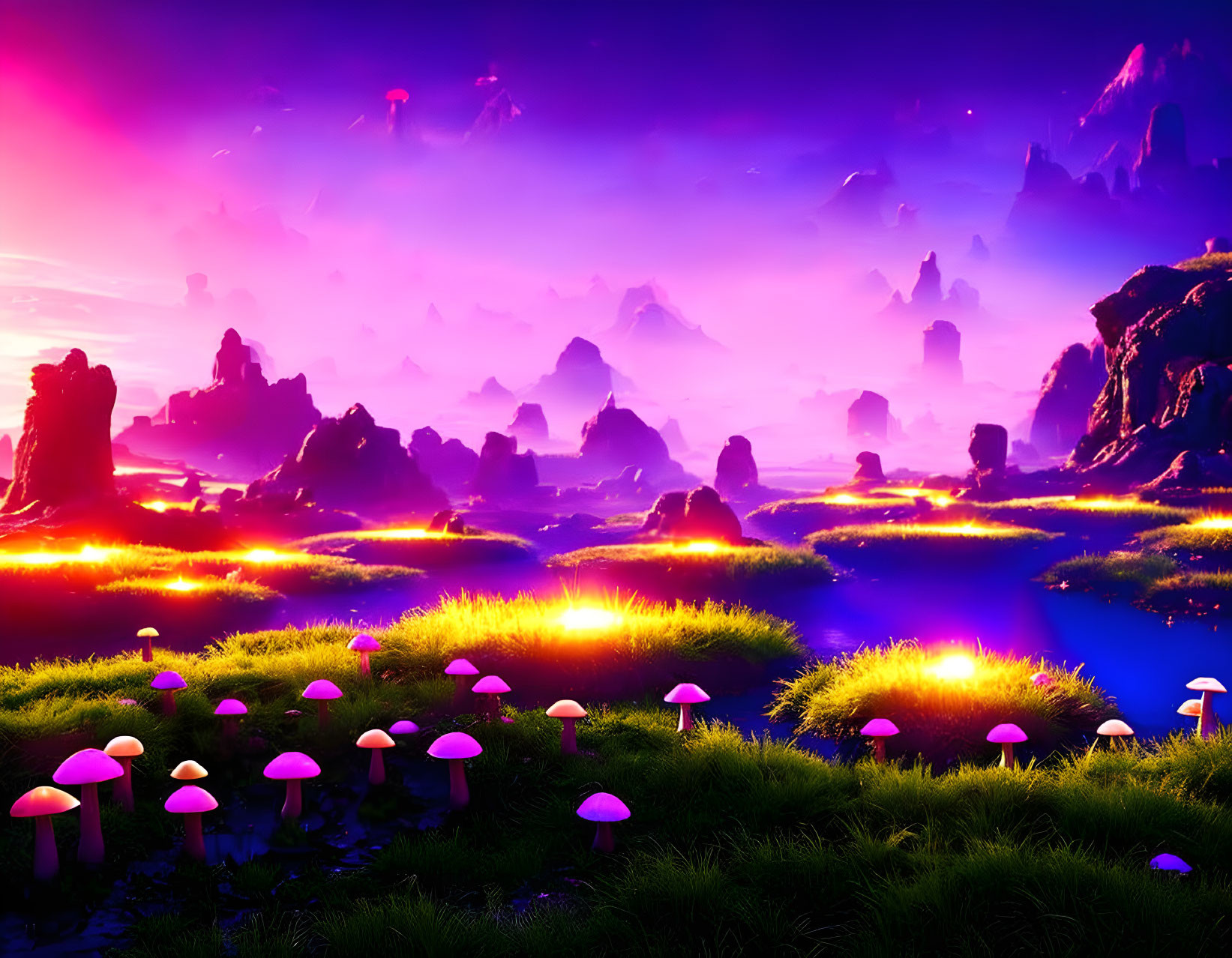 Surreal landscape digital artwork: luminescent mushrooms, glowing grass, misty mountains, purple