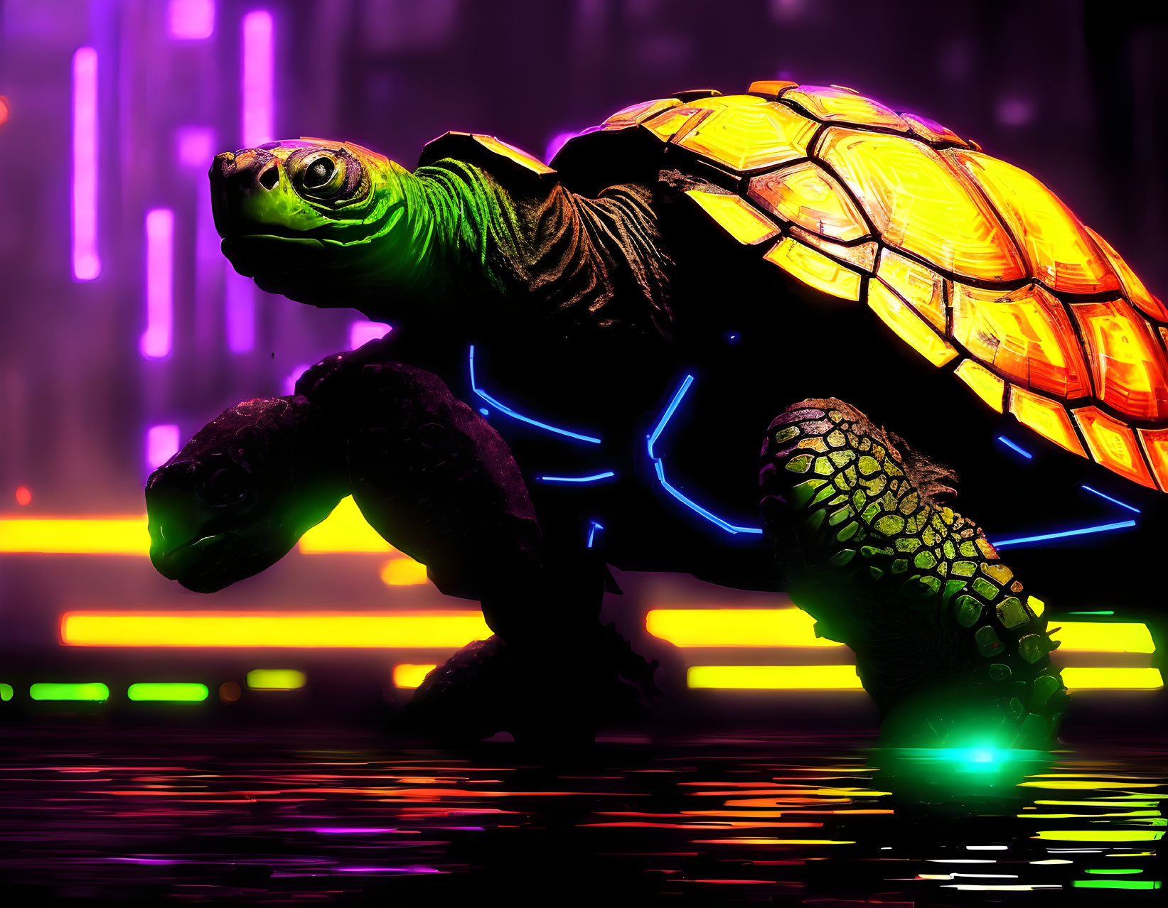 Colorful turtle with glowing shell in futuristic neon-lit setting