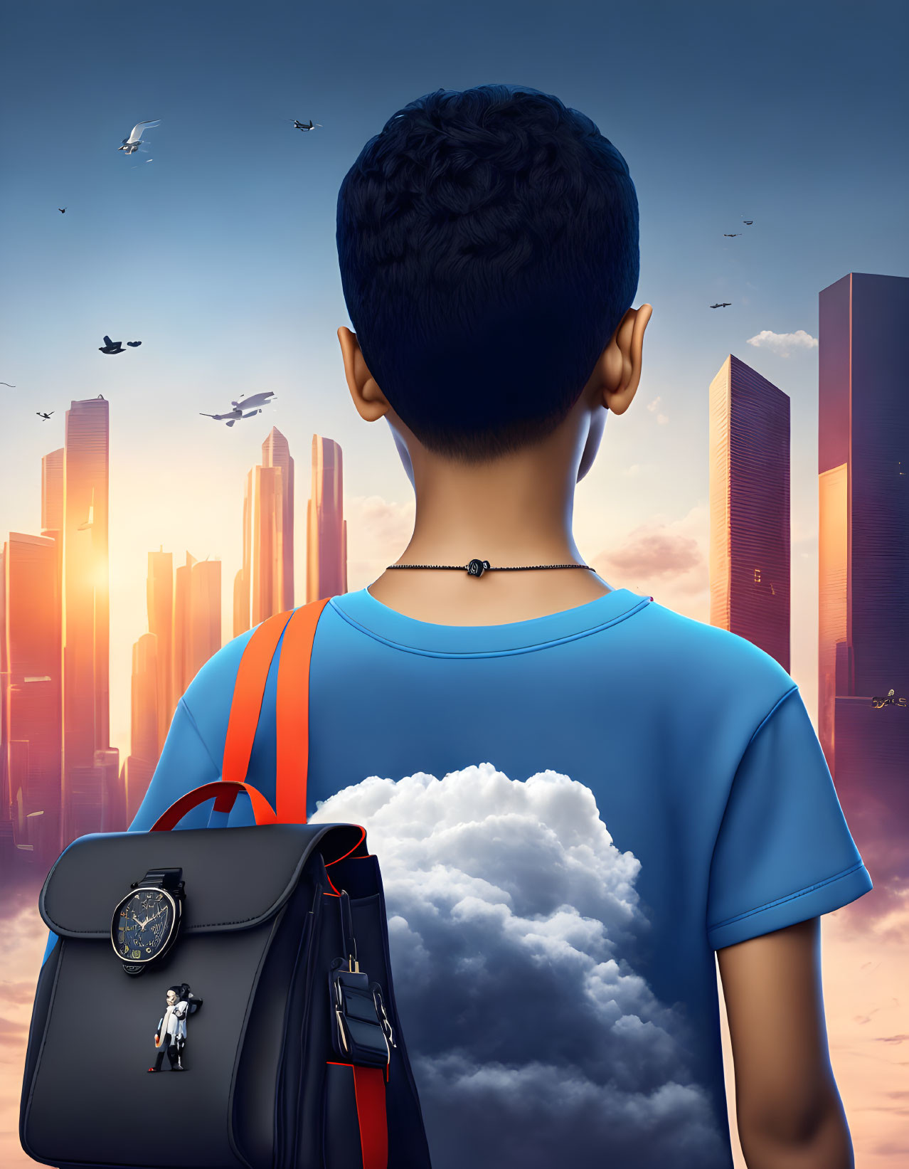 Young person with backpack gazes at futuristic cityscape at sunset